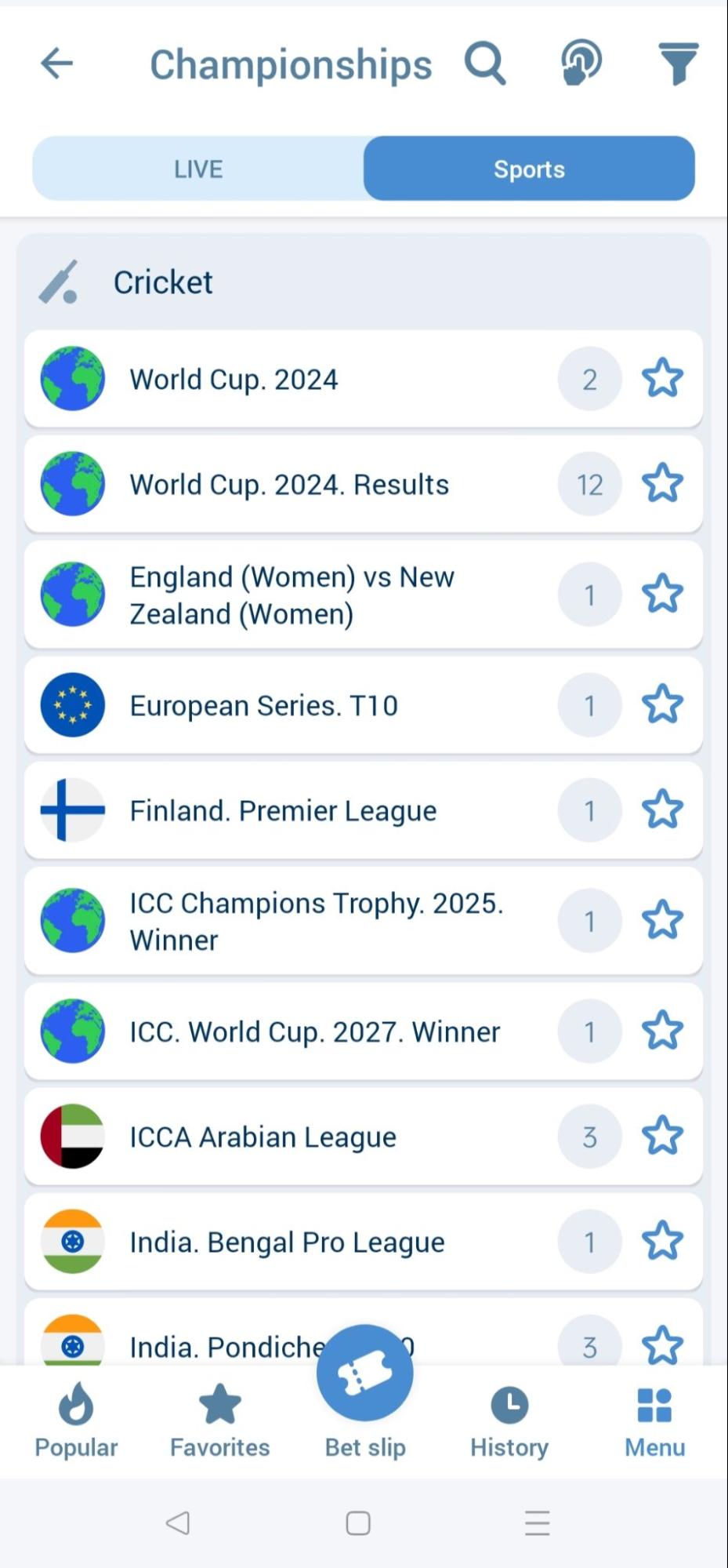 1xBet App Cricket Betting Section