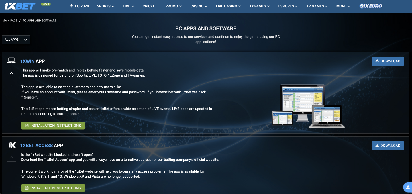 1xBet Website PC and Apps Section