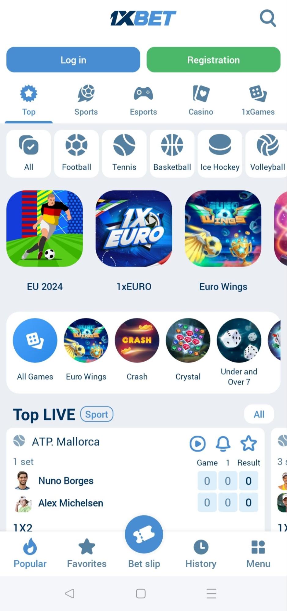 1xBet App Homepage