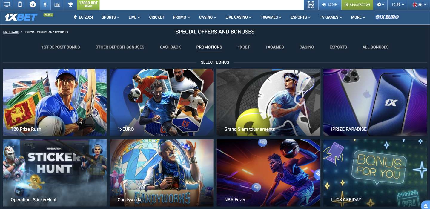 1xBet Website Bonuses and Promotions Section