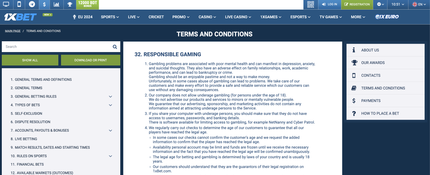 11xBet Website Responsible Gambling Section