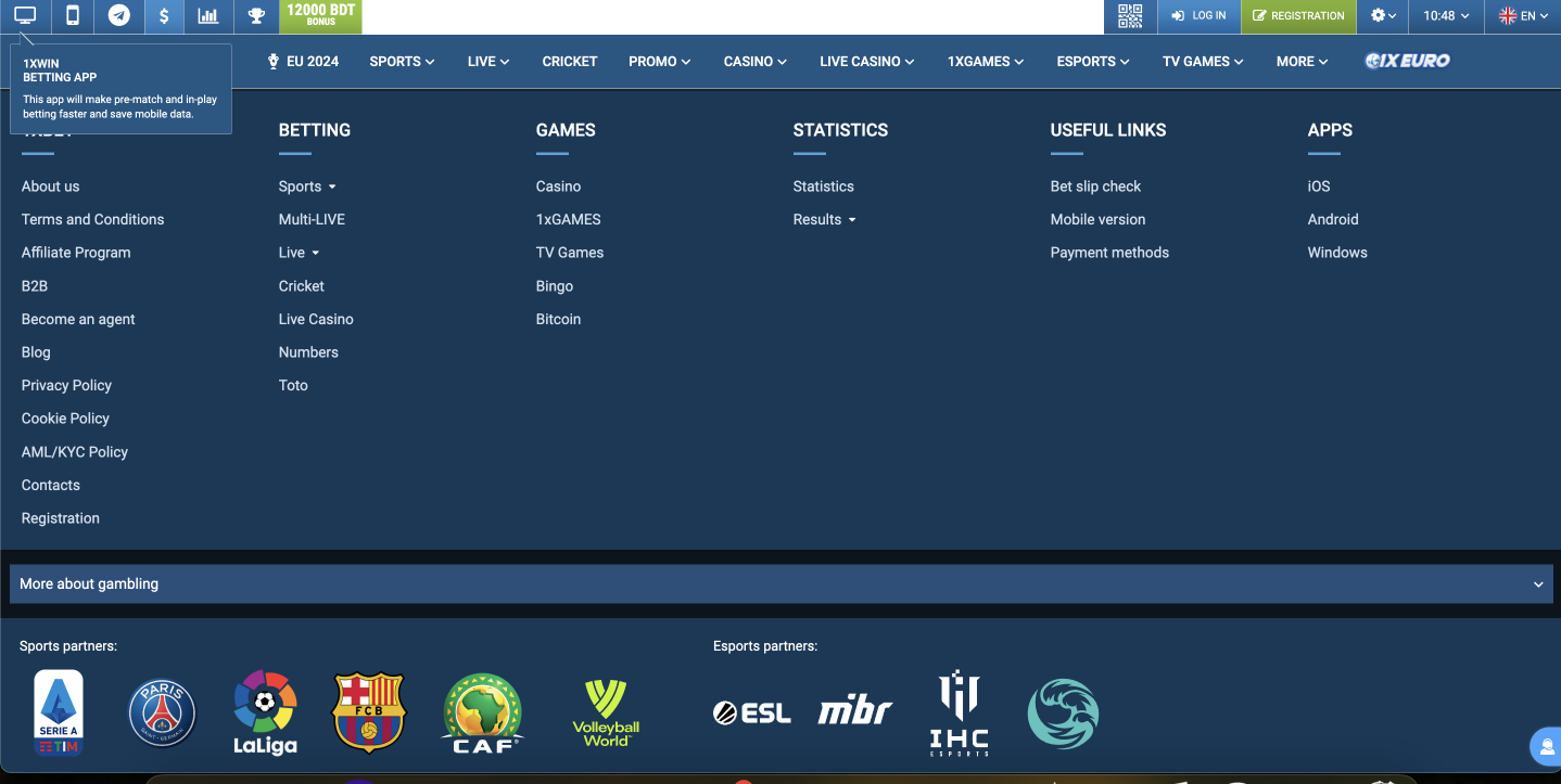 1xBet Website App Section